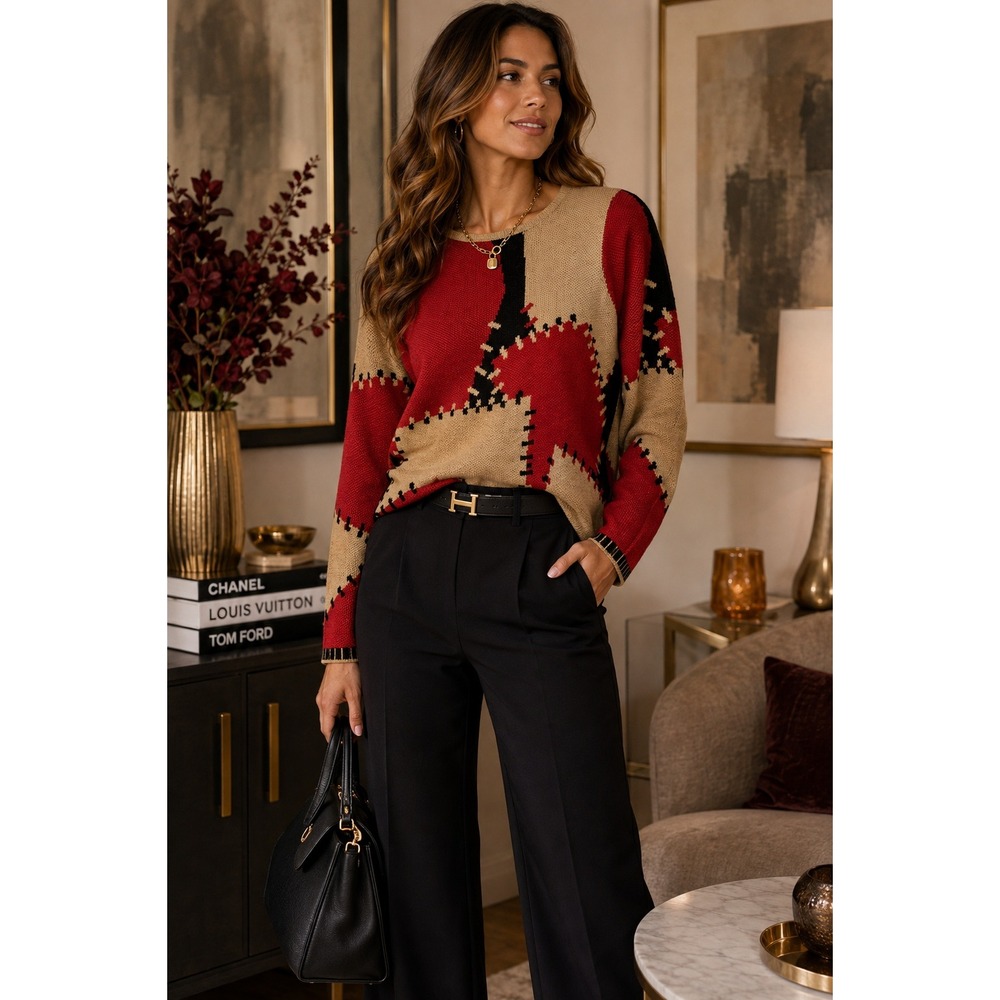 BFA Classics Vintage Abstract Patchwork Sweater Red Tan Black Petite S